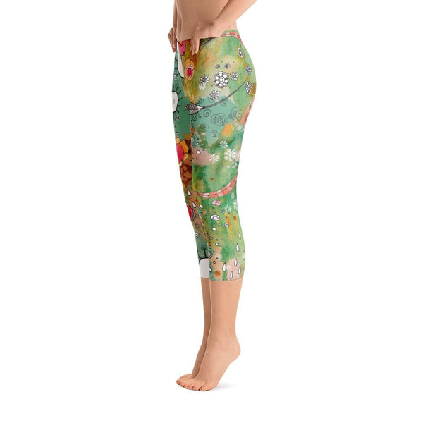 Abstract Capri leggings, Workout Pants 'Black Birds of a Flower' -  Sincerely Joy